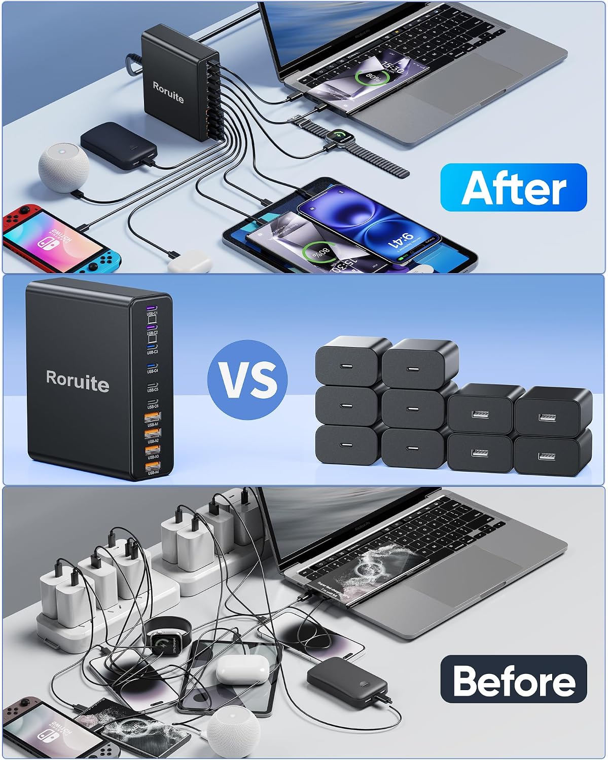 1000W USB C Charging Station, 120W PD GaN5 Super Fast USB C Charger Block
