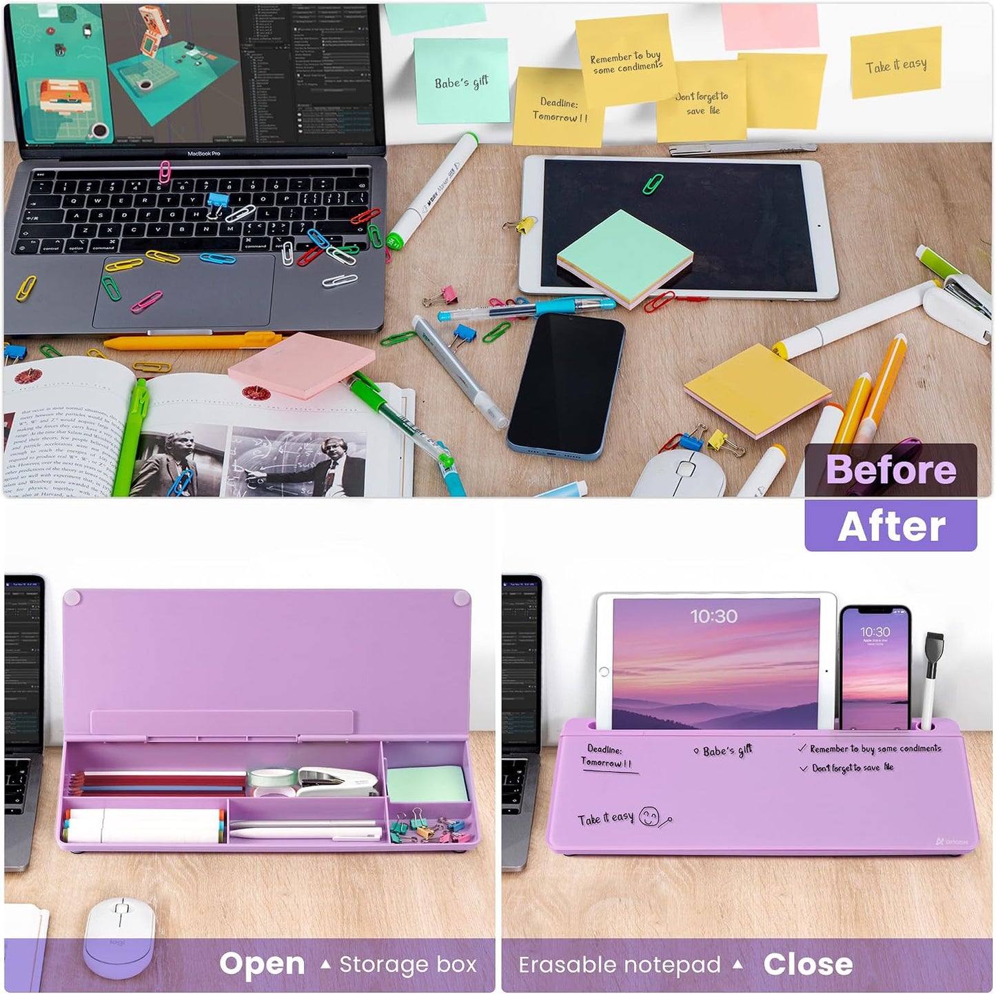 Varhomax Glass Weekly Dry Erase Desk White Board, Desktop to Do List Planner Whiteboard Calendar with Storage Caddy Memo for Home and Office, White