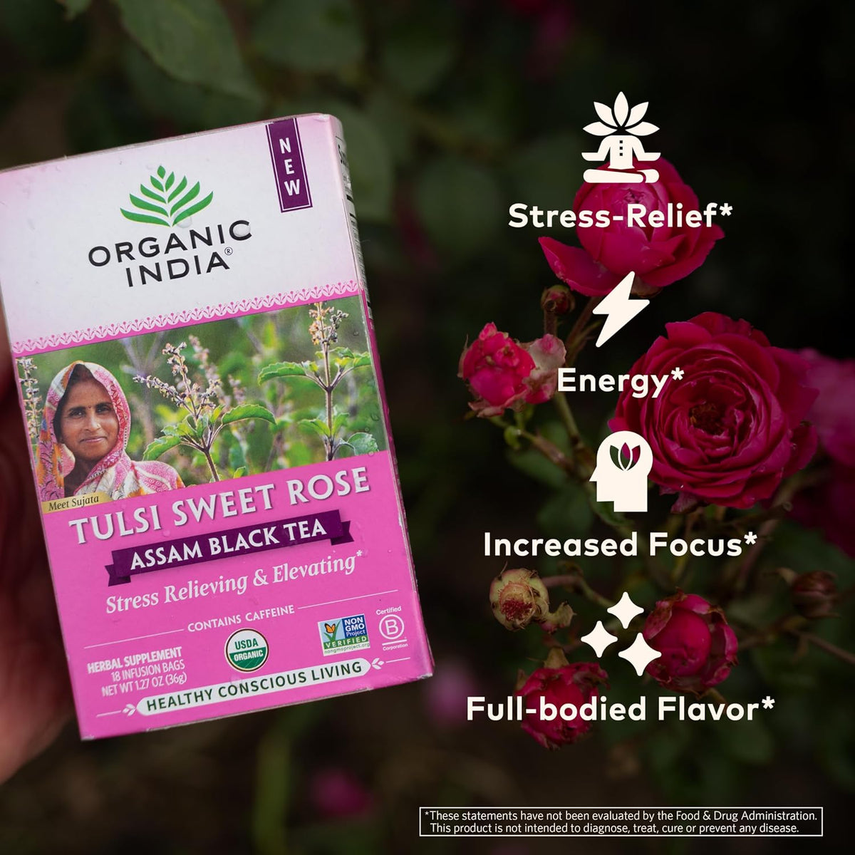 ORGANIC INDIA Tulsi Sweet Rose Assam Black, 18 Rose Tea Bags (Pack of 3)