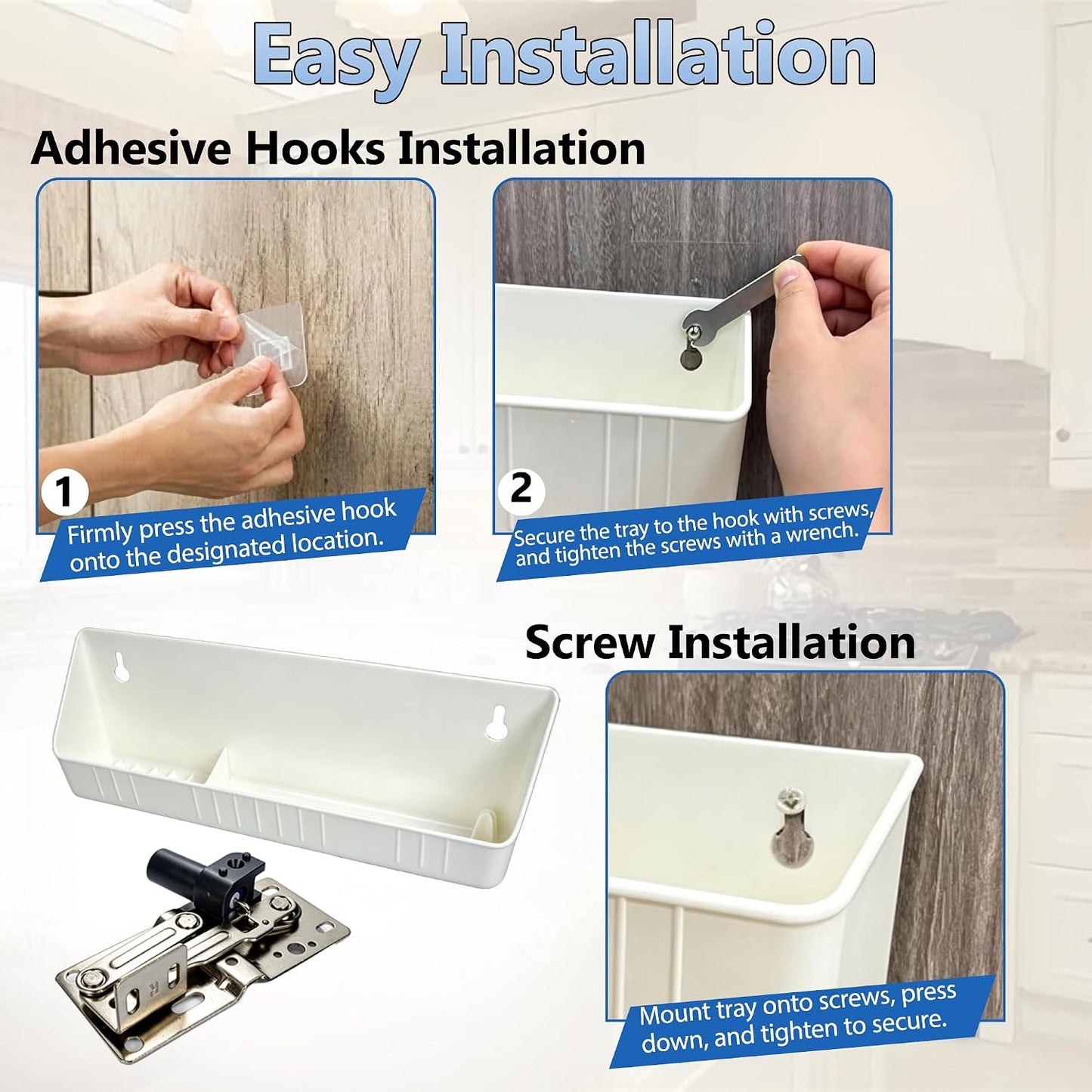 11" Tip-Out Plastic Sink Trays with LD-0220-50SC Steel Hinges | Kitchen Sink Front Tip Out Tray Kit for Bathroom and Kitchen | White (2 Trays & 4 Hinges & Screws Set & 1 Installation Wrench)