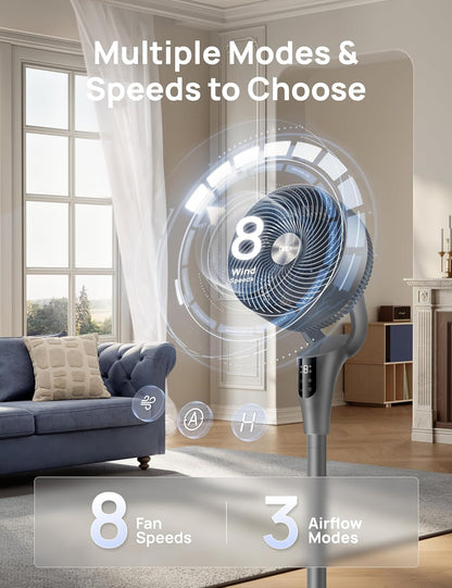 DREO Fan for Bedroom, 2026 Upgraded, 90ft Airflow, 20dB Quiet Fan, 90° Oscillating Standing Fan for Whole Room, DC Motor, 8+H Speeds, 3 Modes, 38-42'' Adjustable Height, 8H Timer, 105° Manual Vertical