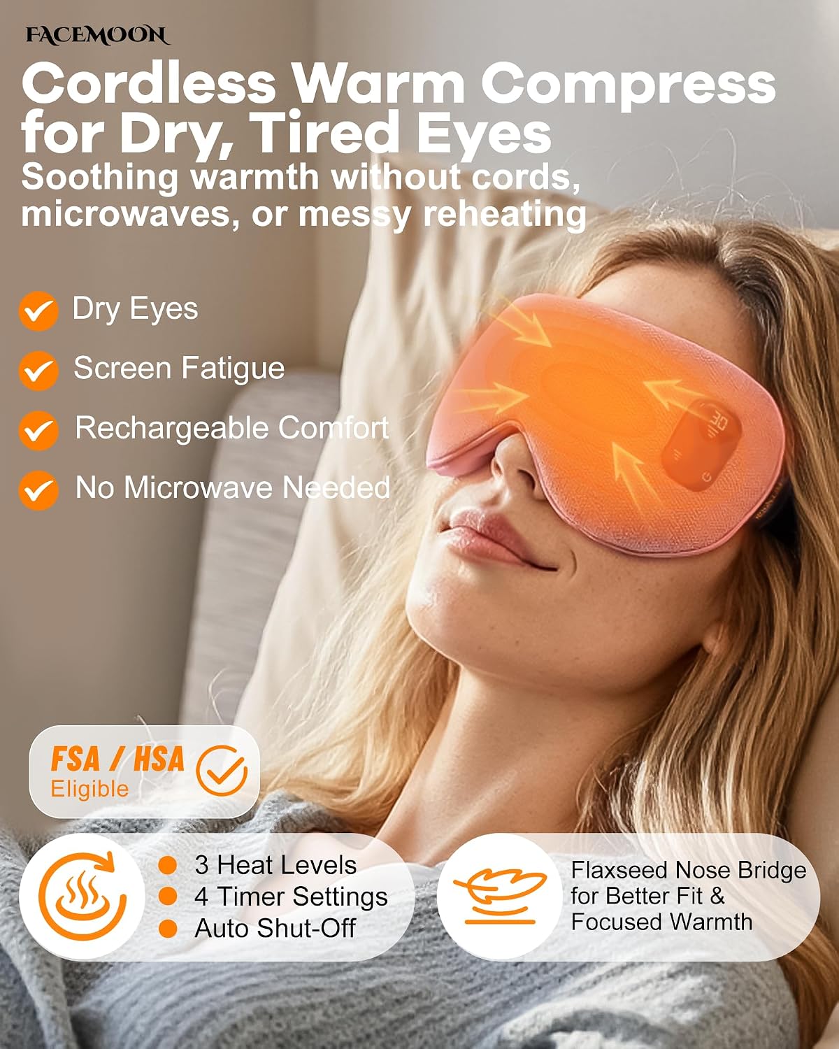 Cordless Heated Eye Mask for Dry, Tired Eyes, Hot Compress with Flaxseed Nose Bridge for Better Blackout & Focused Warmth, Rechargeable Warm 3 Heat Levels, 4 Timers, No Microwave Needed, Pink