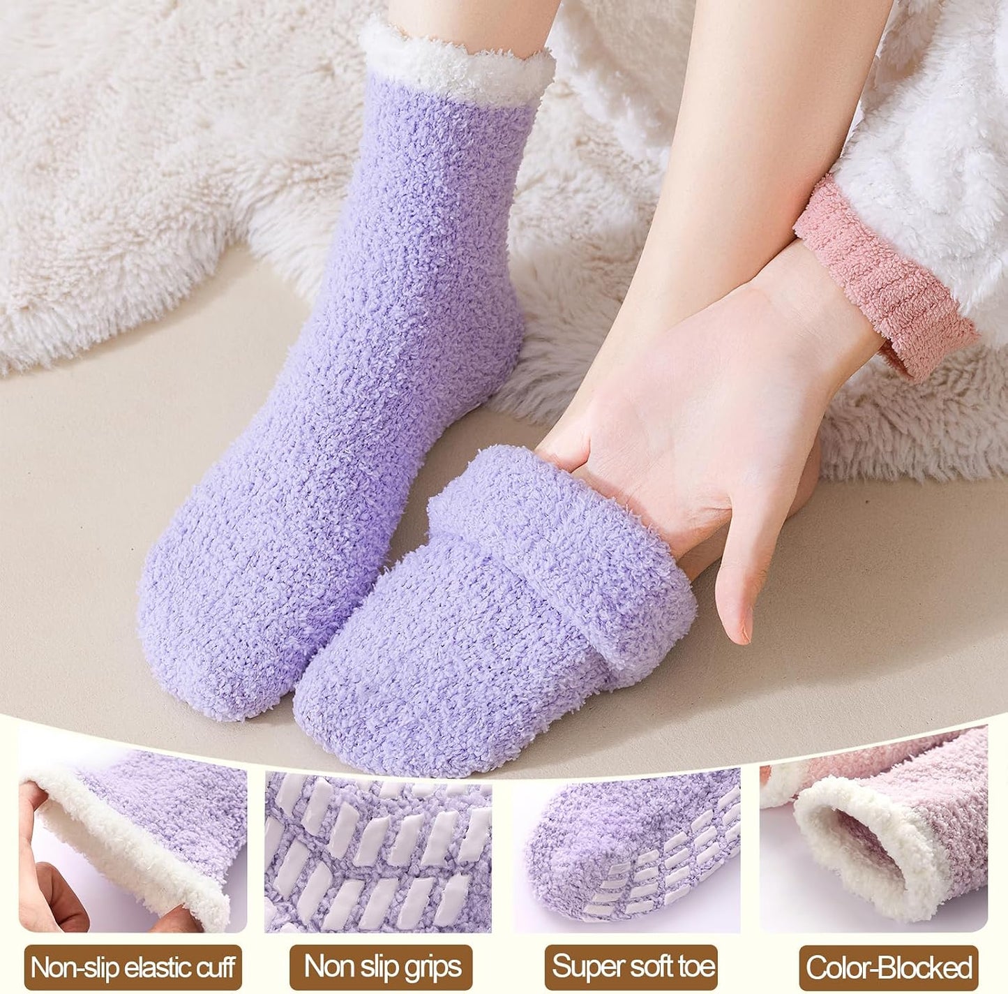 5 Pairs Fuzzy Socks with Grips for Women, Non Slip Cozy Fluffy Soft Socks, Winter Sleep Slipper Hospital