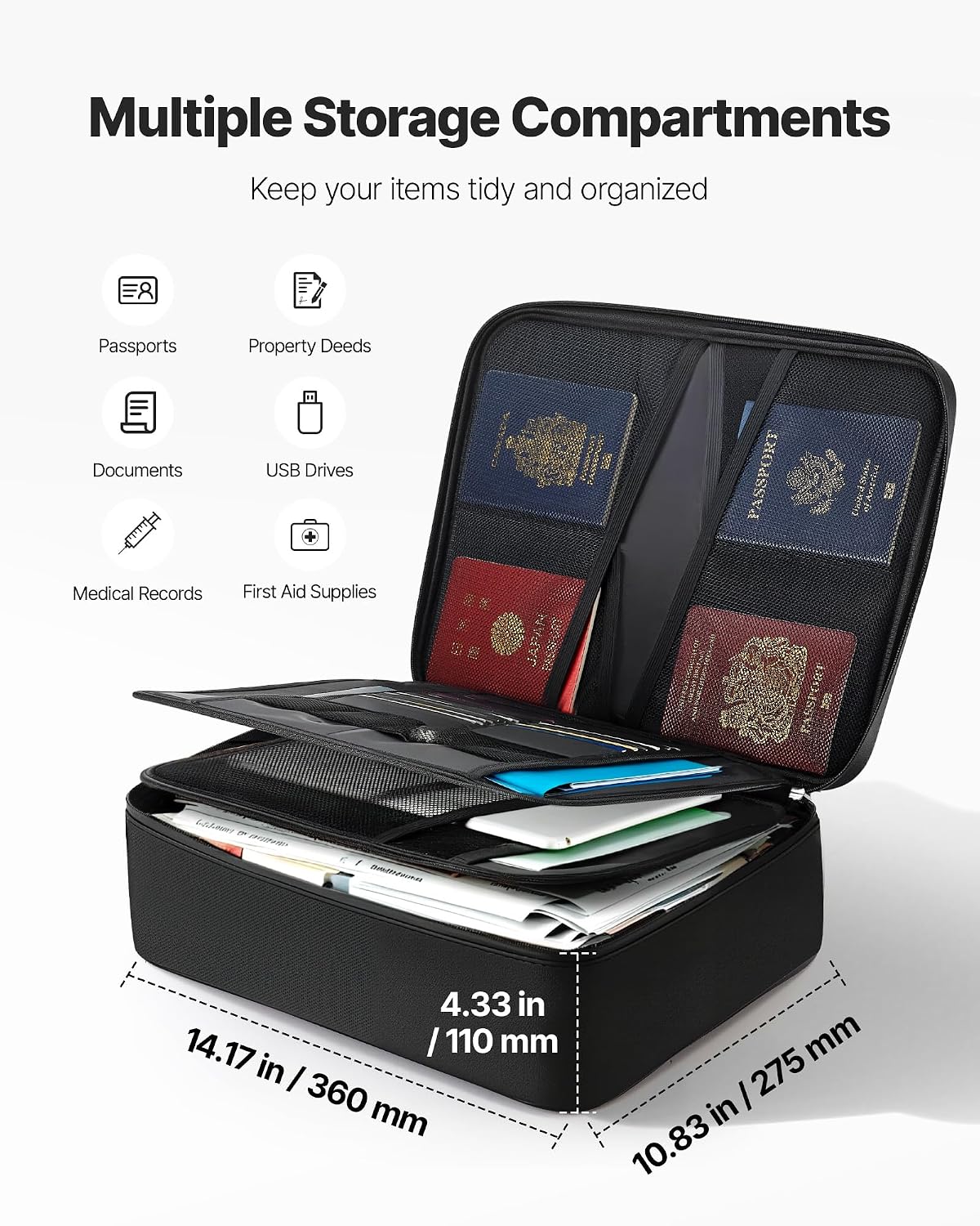VEVOR Fireproof Document Bag, 1832 ℉ Heat Insulated Fireproof & Waterproof Bag, Portable Multi-Layer File Storage Security Organizer Home Office Travel Use, for Passports, Important Documents, Files