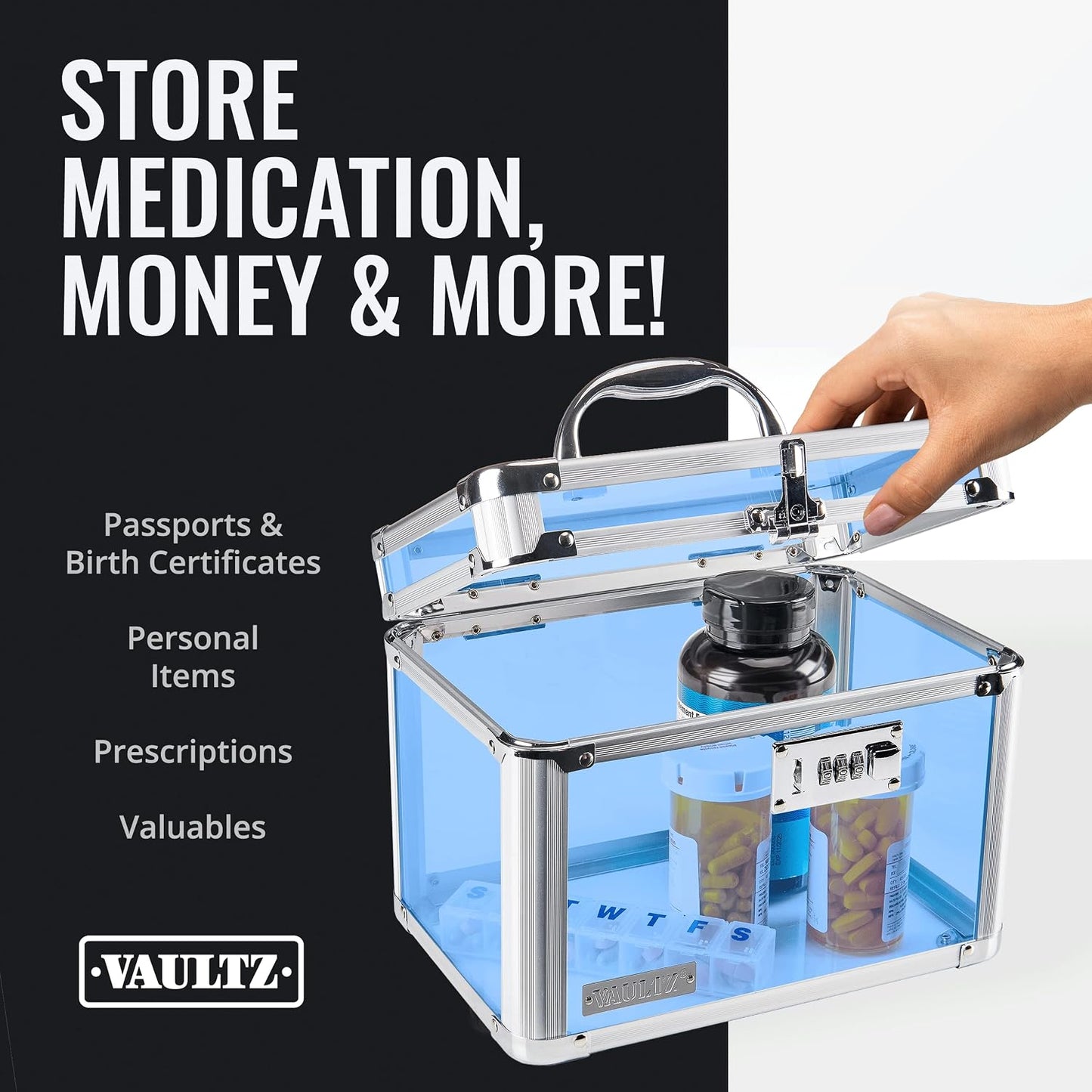 Vaultz Secure Security Lock Boxes - Safe Combination Lock Box, Storage for Documents, Valuables, Medicine & Money - 9.88 x 7.75 x 7 Inch - Black/Chrome