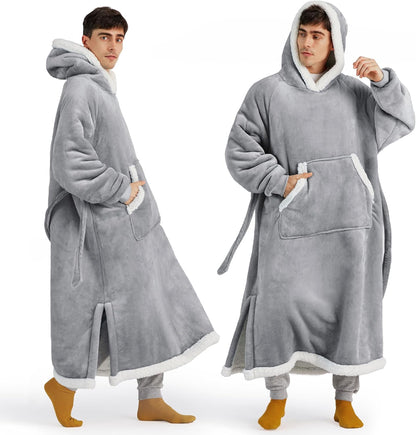 Bedsure Wearable Blanket Hoodie, Long Hooded Blanket Sweatshirt as Mothers Birthday Gifts for Women, Cozy Sherpa Hoodie for Adult, Standard, Grey
