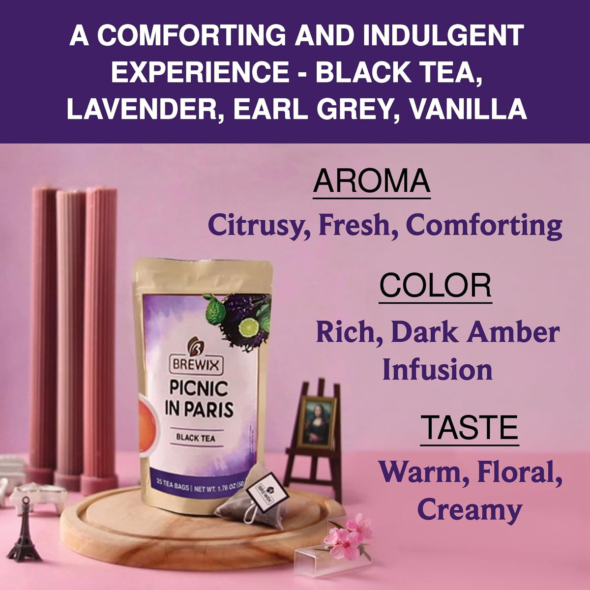 BREWIX, Earl Grey Lavender Tea Bags (25 Whole-Leaf Pyramid Sachets) | London Fog Black Tea with Natural Bergamot, Lavender & Vanilla | Floral, Aromatic & Caffeinated, Hot, Iced or Latte | Picnic in Paris