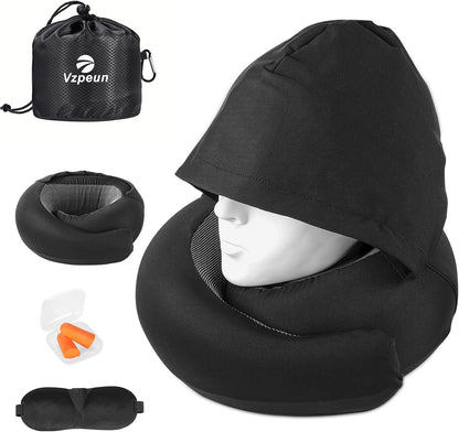 Travel Pillow - Hooded Neck Pillow Airplane Memory Foam Filling for Plane, Office, Cars Sleeping, Road Trip, Long Flights, Airplane Travel Essentials, Includes Eye Mask & Earplugs (Green)