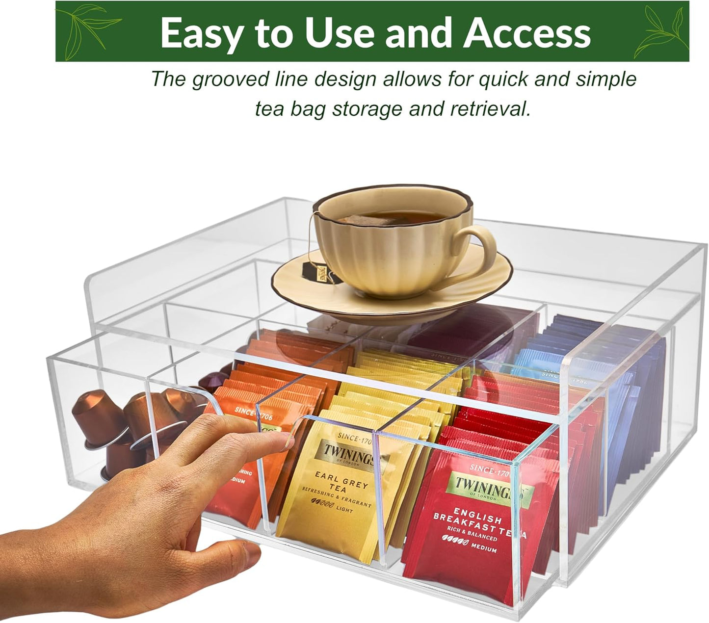 Heavy-Duty Acrylic Tea Bag Organizer, 8-Compartment Storage Box | Perfect Organizer: 8-compartment design keeps tea bags and coffee pods neatly sorted, saving space on your countertop.