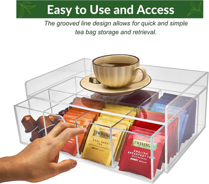 Heavy-Duty Acrylic Tea Bag Organizer, 8-Compartment Storage Box | Perfect Organizer: 8-compartment design keeps tea bags and coffee pods neatly sorted, saving space on your countertop.