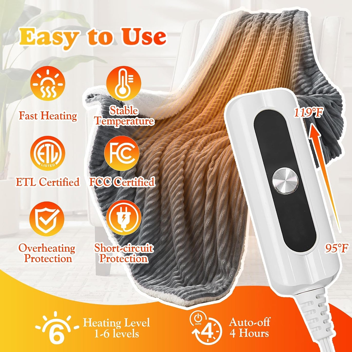 Heated Throw Blanket - Fast Heating 3D Jacquard Electric Heated Blanket, Cozy Heating Blanket with 6 Heating Settings & 4 Hours Auto-Off, Machine Washable, 50"x60", London Grey