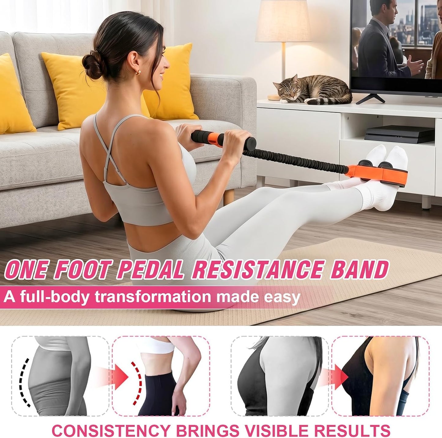 Pedal Resistance Band with Handles for Women, 55LBS Exercise Bands, Thickened Latex Tube, Non-Slip Foot Pedal, Full Body Workout Equipment for Abs/Core/Waist/Leg/Glutes/Arm Strength Training