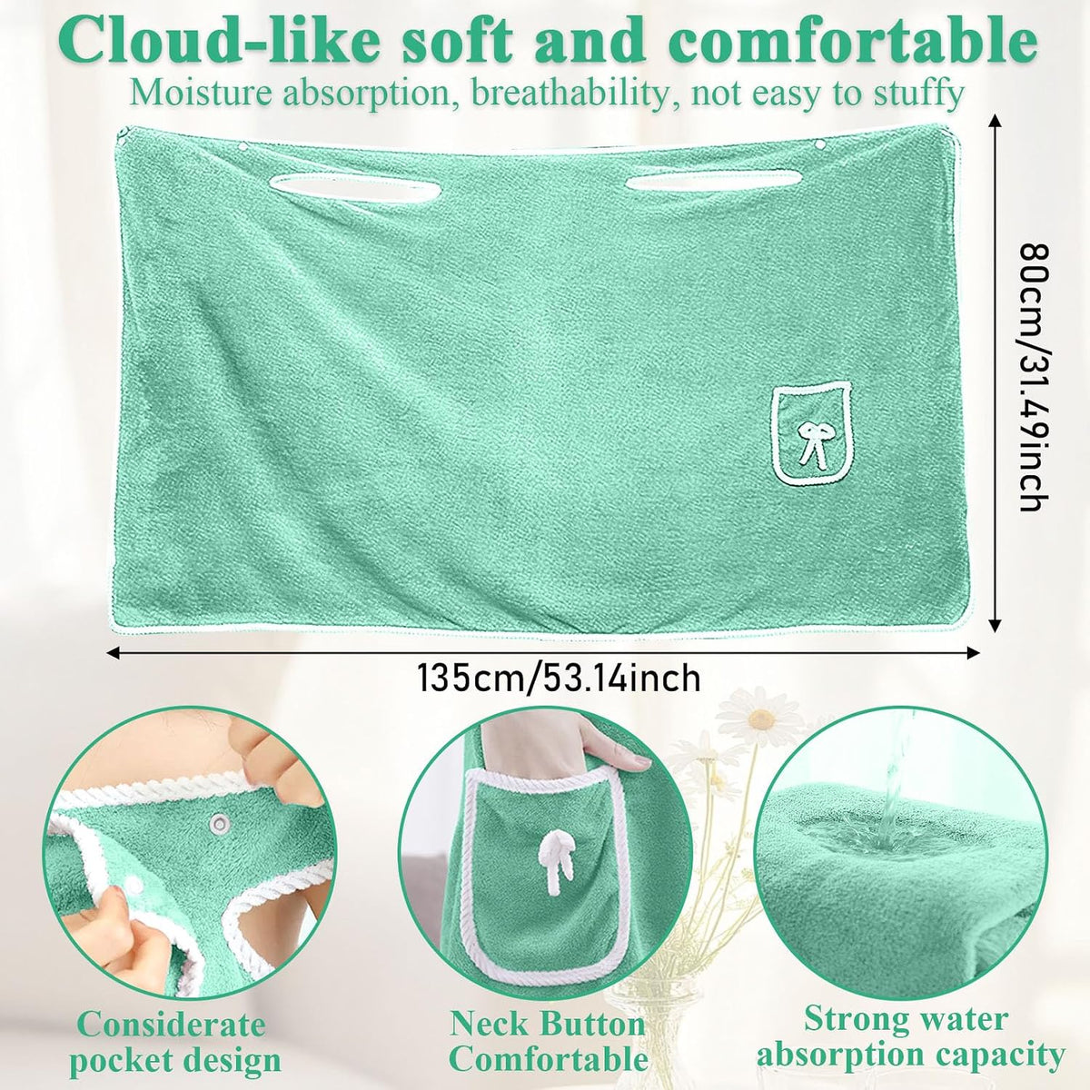Women's Wearable Towel Bathrobe,Plus Size Wearable Shower Skirt,Quick Dry Absorbent Bath Towel for Comfortable Home Spa Body,Green, 53x31in/50-70kg