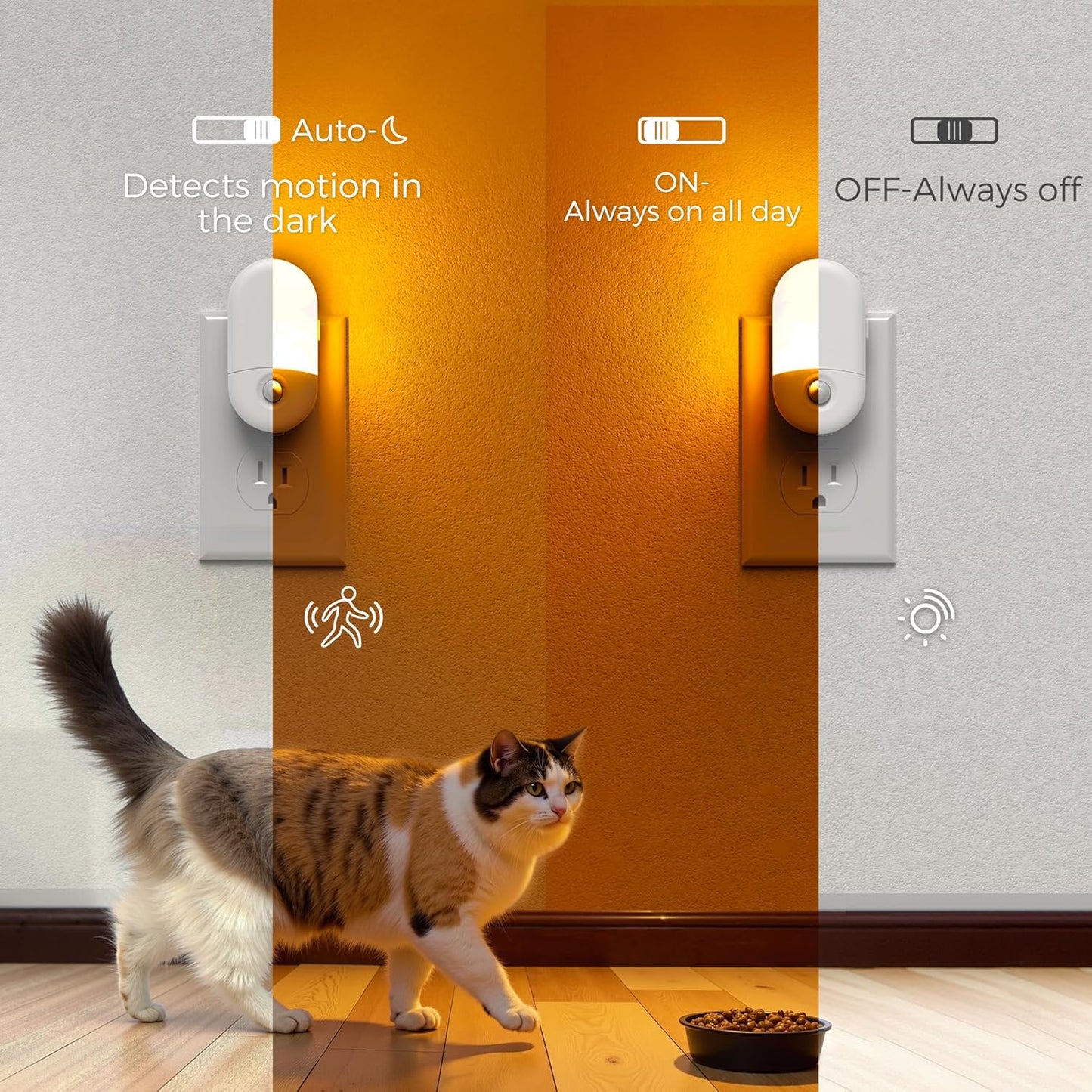 L LOHAS LED Amber Night Light, 2 Pack, Night Lights Plug into Wall Motion Sensor, 0.6W 2000K, LED Nightlights, 30/60LM Adjustable Brightness, Automatic Low Blue Nightlight for Kids, Bathroom, Hallway