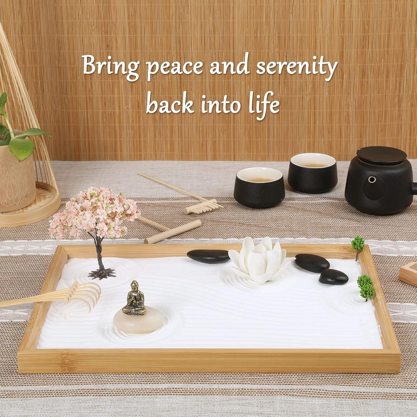 Mini Zen Garden for Desk Bodhi Tree and Buddha | Desktop Sand Tray Japanese Zen Garden Kit for Therapy Office Decor, Home Decor, Meditation Gifts