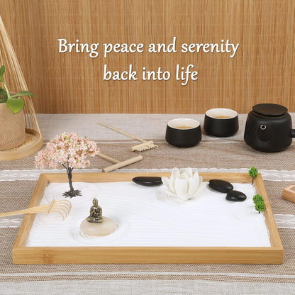 Mini Zen Garden for Desk Bodhi Tree and Buddha | Desktop Sand Tray Japanese Zen Garden Kit for Therapy Office Decor, Home Decor, Meditation Gifts