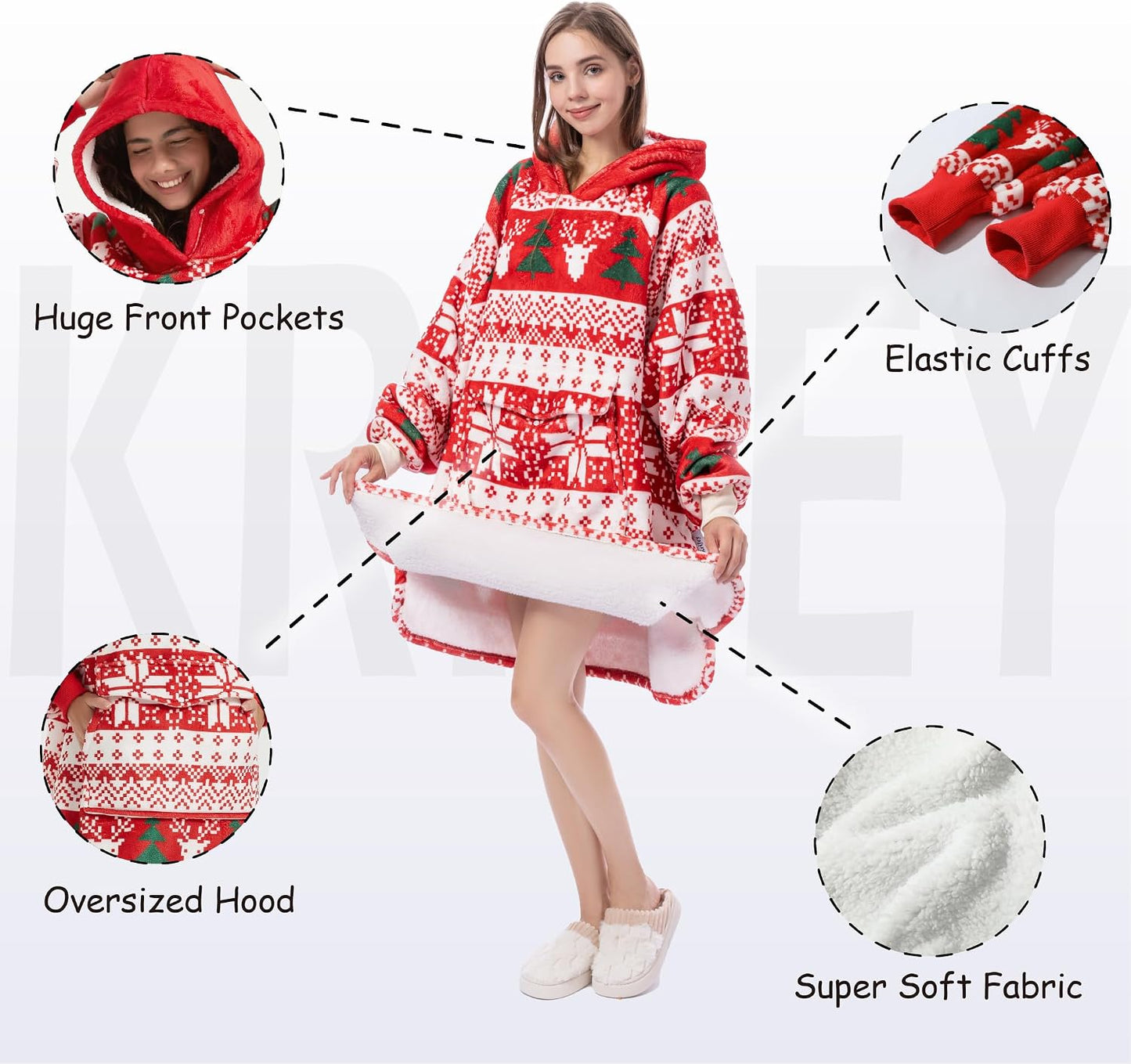Krifey Wearable Blanket Hoodie, Oversized Sherpa Hooded Blanket for Adults | Soft sherpa fleece with sleeves and pocket; oversized fit for lounging, WFH, camping, Christmas and white elephant gifts.