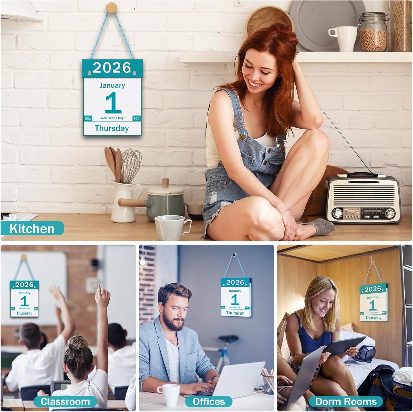 2026 Daily Wall Calendar, Page per Day with Large Print Dates, 365 Day Tear off Wall Calendar for Seniors Gift Home Office School Dorms, 8.5" x 6", Tear Away Calendars with Hanging String, Cyan