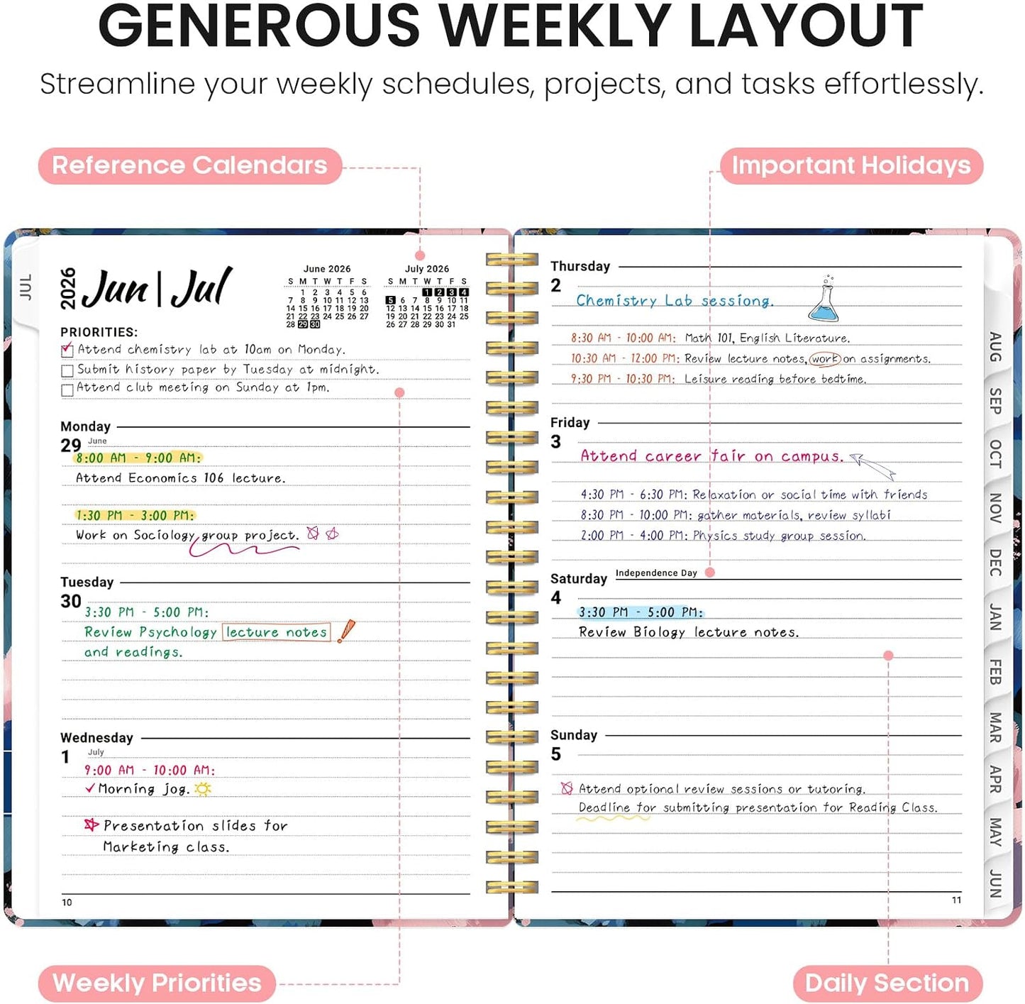 Planner 2026-2027, Jul 2026-Jun 2027 Academic Monthly & Weekly Planner - Colors B