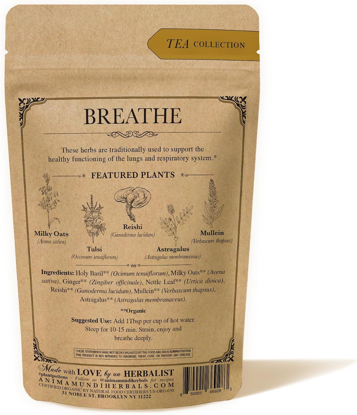Anima Mundi Apothecary Breathe Lung Tonic Tea - Herbal Tea Blend with Astragalus, Reishi, Nettles and Ginger - Organic Loose Leaf Blend (2oz / 57g)