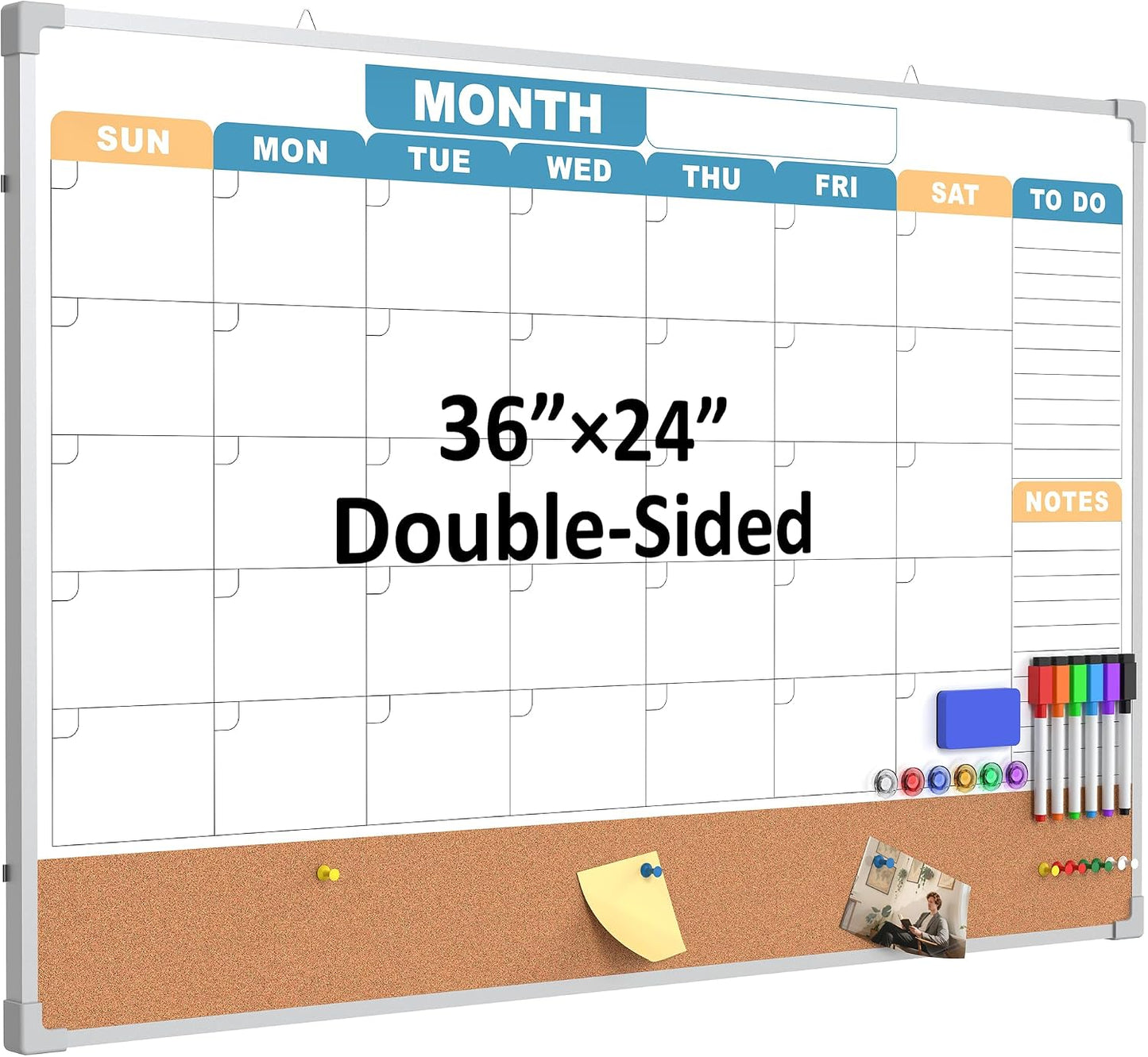 Monthly Calendar Dry Erase Board 16x12 Inch, Double-Sided Whiteboard and Corkboard Combo, Wall Mounted Planner Organizer with Markers, Magnets, Push Pins, Eraser, for Home Office School