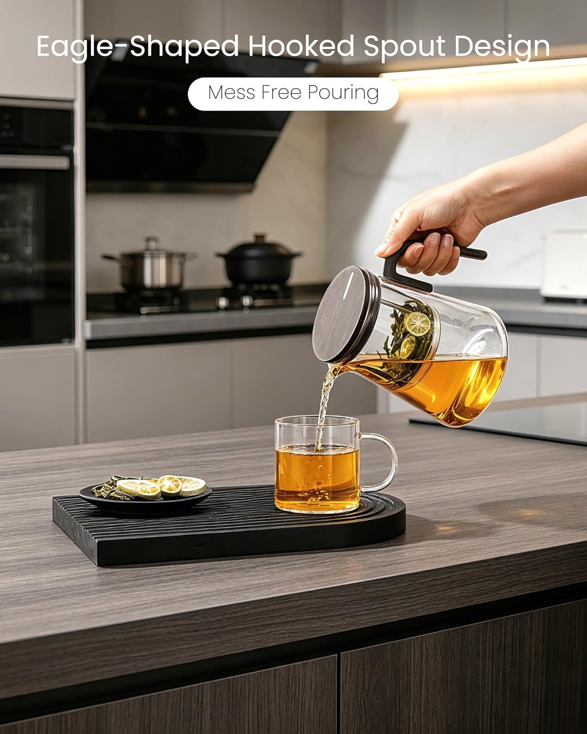 ZENS Magnetic Tea Pot, Enchanted Glass Teapot with Infuser and Magnetic Suction Lid for Mess-Free Loose Tea Diffusers, Walnut Wood Handle, Tea Lovers Gifts
