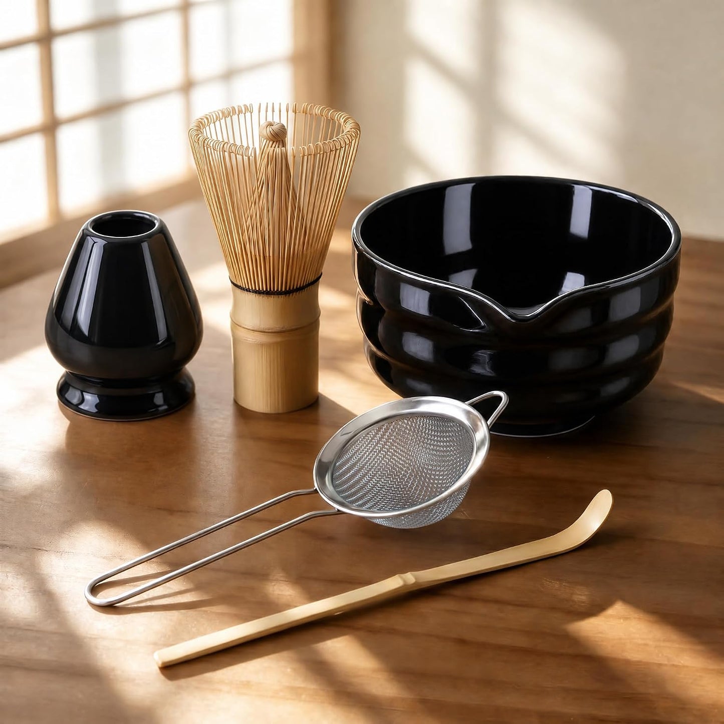Matcha Whisk Set with Ceramic Bowl - Complete Matcha Making Kit, Bamboo Whisk (Chasen), Whisk Holder, Matcha Powder Sifter, Scoop, Japanese Tea Ceremony Tools（Green）