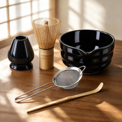 Matcha Whisk Set with Ceramic Bowl - Complete Matcha Making Kit, Bamboo Whisk (Chasen), Whisk Holder, Matcha Powder Sifter, Scoop, Japanese Tea Ceremony Tools（Green）
