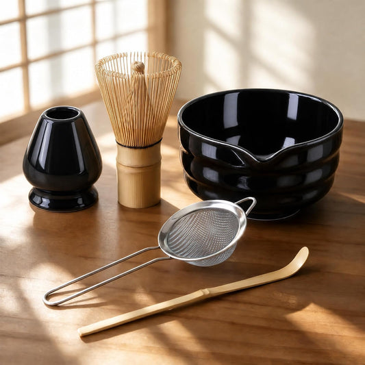 Matcha Whisk Set with Ceramic Bowl - Complete Matcha Making Kit, Bamboo Whisk (Chasen), Whisk Holder, Matcha Powder Sifter, Scoop, Japanese Tea Ceremony Tools（Green）