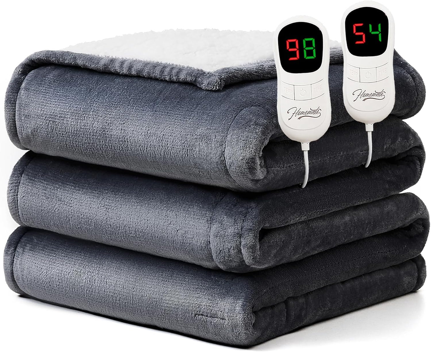 Homemate Heated Blanket Electric Throw - 50"x60" Heating Blanket Throw 1/2/4/6/8 Hours Auto-Off 10 Heat Level Over-Heat Protection Flannel Sherpa ETL Certification