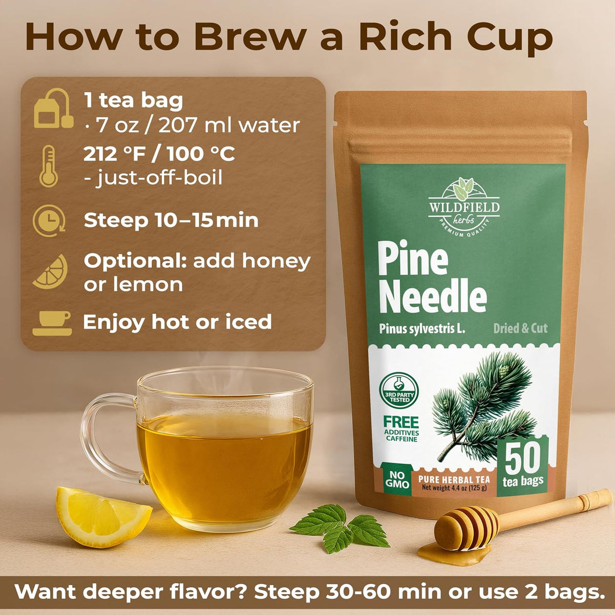 50 Bags Pine Needle Tea Dried Pine Needles Herb Tea (Pinus Koraiensis) - 50 Count 2.5g Bags Dried Needle Leaf Aguja De Pino