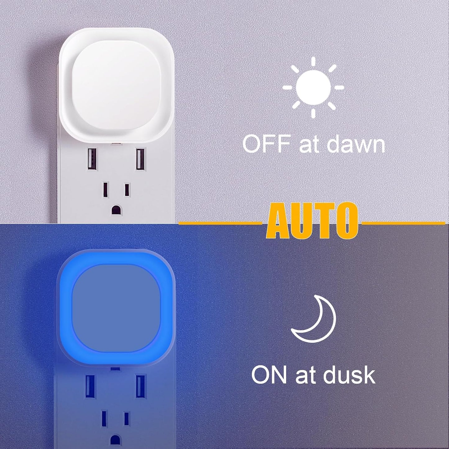 YUNLEX 2 Pack Amber Night Light, Dusk to Dawn Sensor, Warm Glare-Free Reflected Glow, 3-Level Dimmer, Auto On/Off, Plug-in LED Nightlight for Bedroom, Kids, Bathroom, Sleep, Baby Nursery, Toddler