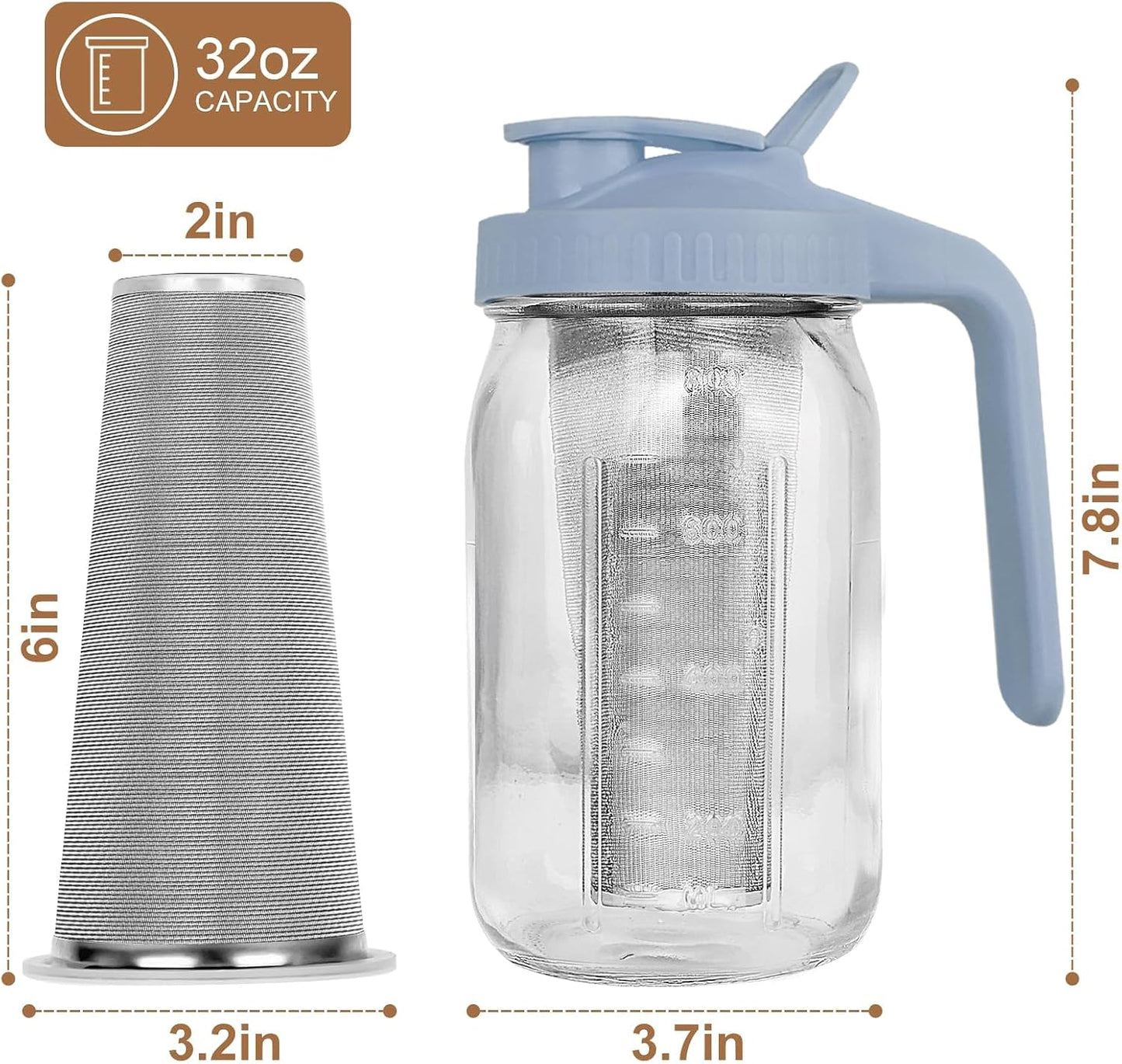 Cold Brew Coffee Maker,64 oz Mason Jar Pitcher with Stainless Steel Filter, Pour Spout Handle Lid, Heavy Duty Glass Airtight & Leak-Proof for Iced Coffee,Tea & Lemonade