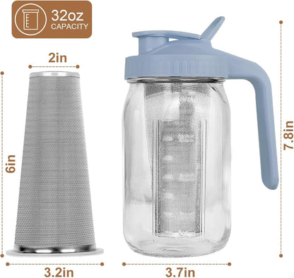 Cold Brew Coffee Maker,64 oz Mason Jar Pitcher with Stainless Steel Filter, Pour Spout Handle Lid, Heavy Duty Glass Airtight & Leak-Proof for Iced Coffee,Tea & Lemonade