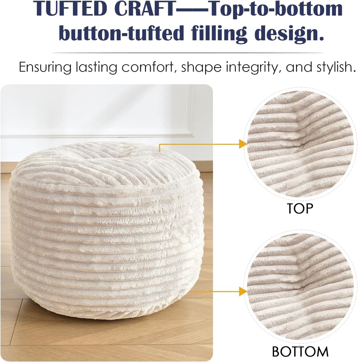 SHOUREN Stuffed Round Ottoman,Corduroy Pouf Ottoman Foot Rest with Foam Filling,Pouf Storage Ottoman Footstool for Living Room,20 X 15 Floor Poufs for Couch,Footrest Only - 20 X 15 Inches,Beige