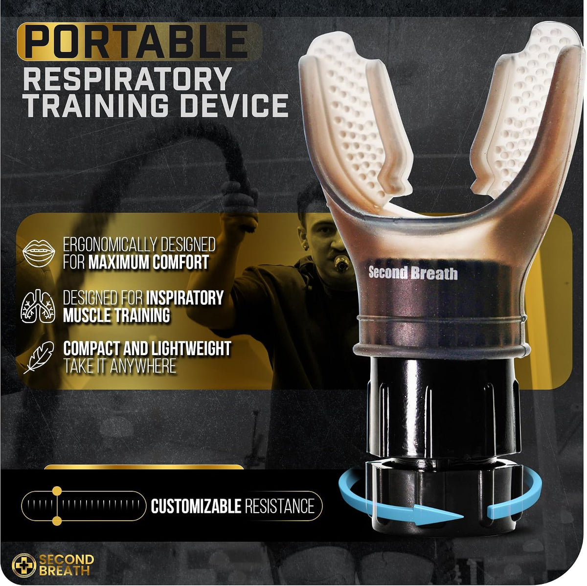 Second Breath Respiratory Trainer | Made with High Grade Silicone | Premium Lung Exerciser in Four Exotic Colors | Breathe Easier with Stronger Lungs | Portable & Easy to Clean (Black)