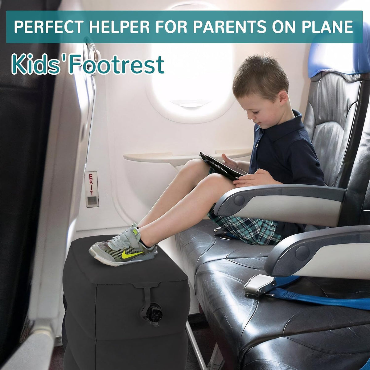 Inflatable Travel Foot Rest Pillow, Adjustable 3 Layers Height Leg Rest Pillow, Kids Airplane Bed, Adults Travel Essentials on Plane, Trains, Cars, Office, Home (Grey, 1 PC)