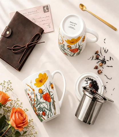 AmorArc 18oz Porcelain Tea Mug with Infuser & Lid, Loose Leaf Tea Cup with Stainless Steel Strainer, Large Coffee Mug Gift for Women, Tea Lovers, Home & Office