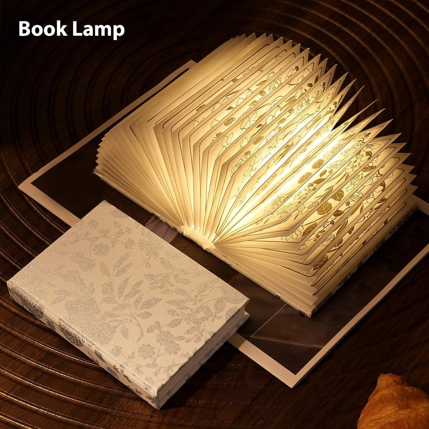 Book Lover Gift, Folding Book Lamp Decor, Portable Print Book Light | 1200mAh Rechargeable Night Light, Paper Desk Lamp, Reading Bookshelf Lamp, Gift for Women & Readers & Christmas (Black）