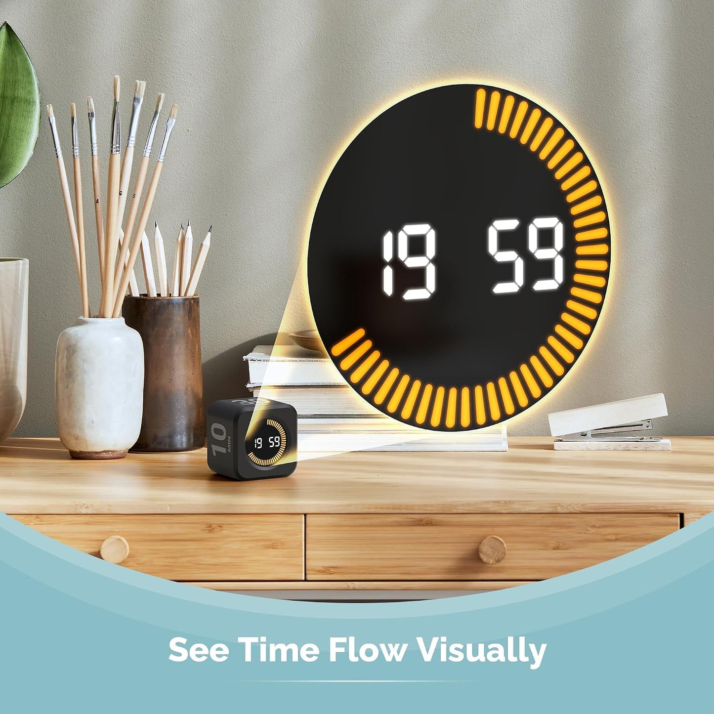 KADAMS Pomodoro Timer – Visual Cube with 5/10/30/60 Min Presets, LED Countdown Ring & Count Up Mode, Silent Flip Productivity Timer for Study, Classroom, Office, Cooking