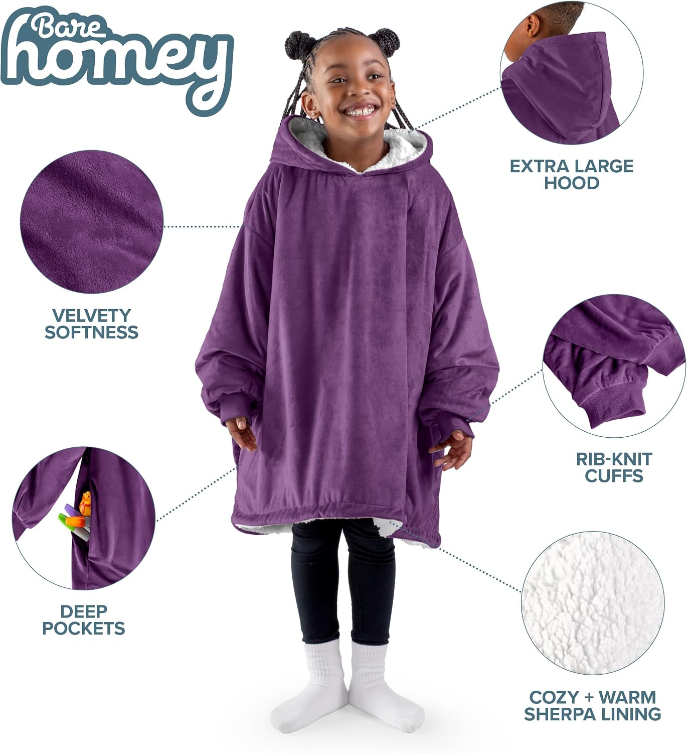 Bare Home Wearable Blanket Hoodie - Soft Plush Sherpa - Warm and Cozy - Oversized Wearable Blanket