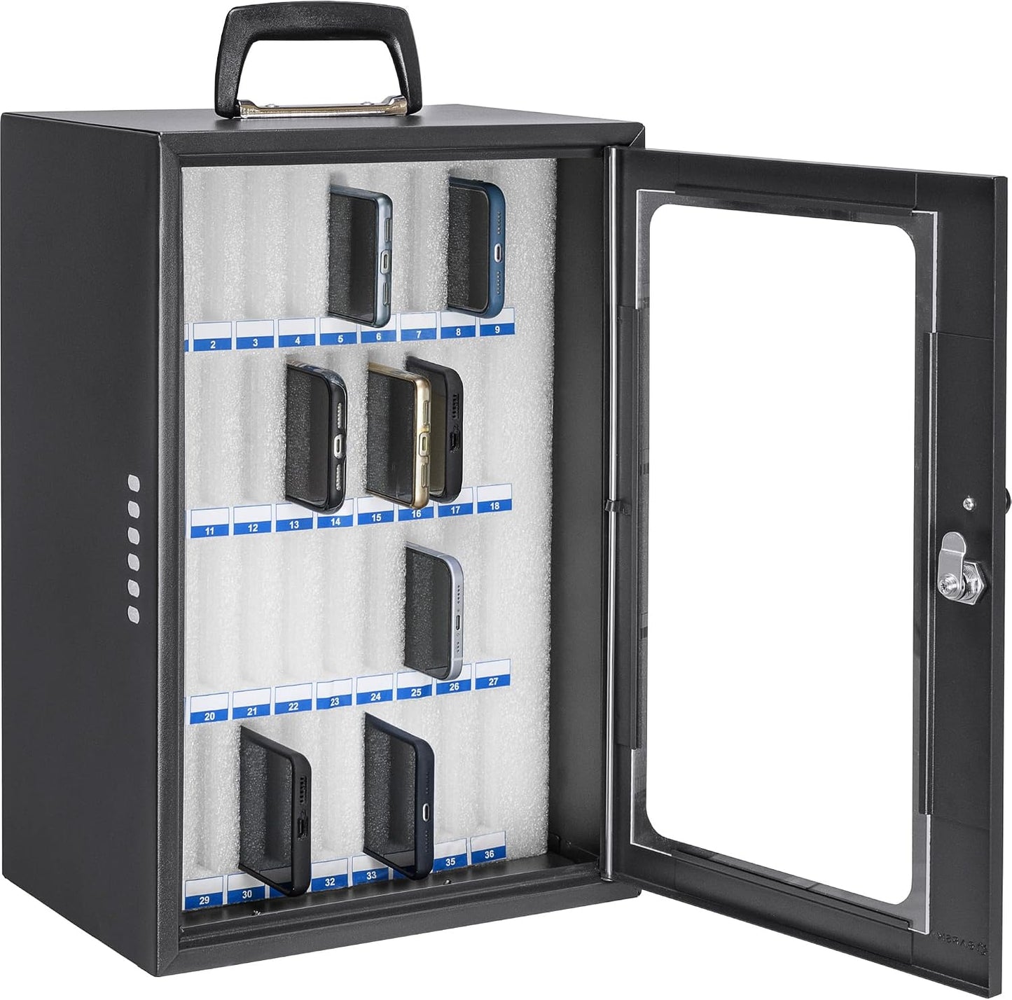Barska 36 Cell Phone Lock Box Portable & Wall Mountable Storage Cabinet with Key Lock, Foam Slots & Charging Ports for Classrooms & Offices