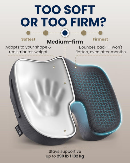 5 STARS UNITED Seat Cushion - Memory Foam Chair Cushion for Tailbone Pain Relief - Ergonomic Support for Coccyx, Sciatica & Butt - Office, Desk & Gaming Chair, Car Seat, Wheelchair, Black Suede