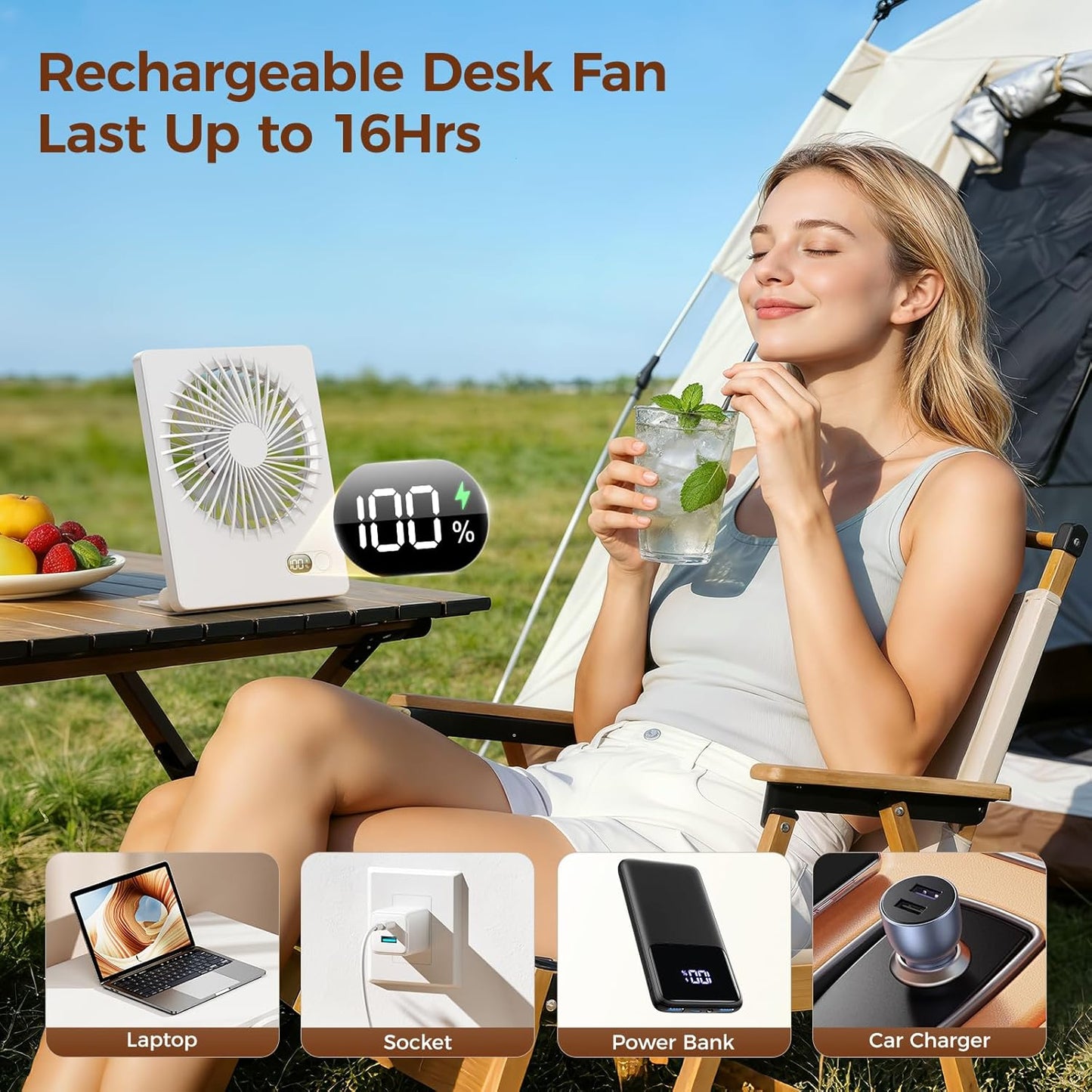 Zuvas Desk Fan Battery Operated Fan Rechargeable 180°Tilt Folding Personal Fan Ultra Quiet Small Portable 3 Speed Adjustable Strong Wind Fan For Office Bedroom Home Desktop Camping (White)