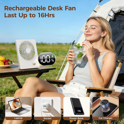 Zuvas Desk Fan Battery Operated Fan Rechargeable 180°Tilt Folding Personal Fan Ultra Quiet Small Portable 3 Speed Adjustable Strong Wind Fan For Office Bedroom Home Desktop Camping (White)