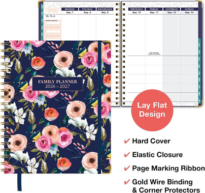 FAMILY PLANNER ORGANIZER – 8.5" x 11" Weekly & Monthly Calendar (May 2026-Jun 2027). 5+ People, Meal Planning, Budgeting, Habit Tracker – Hardcover, Household Schedule Organizer for Parents, Kids, & Caregivers (Navy Gold Numbers)
