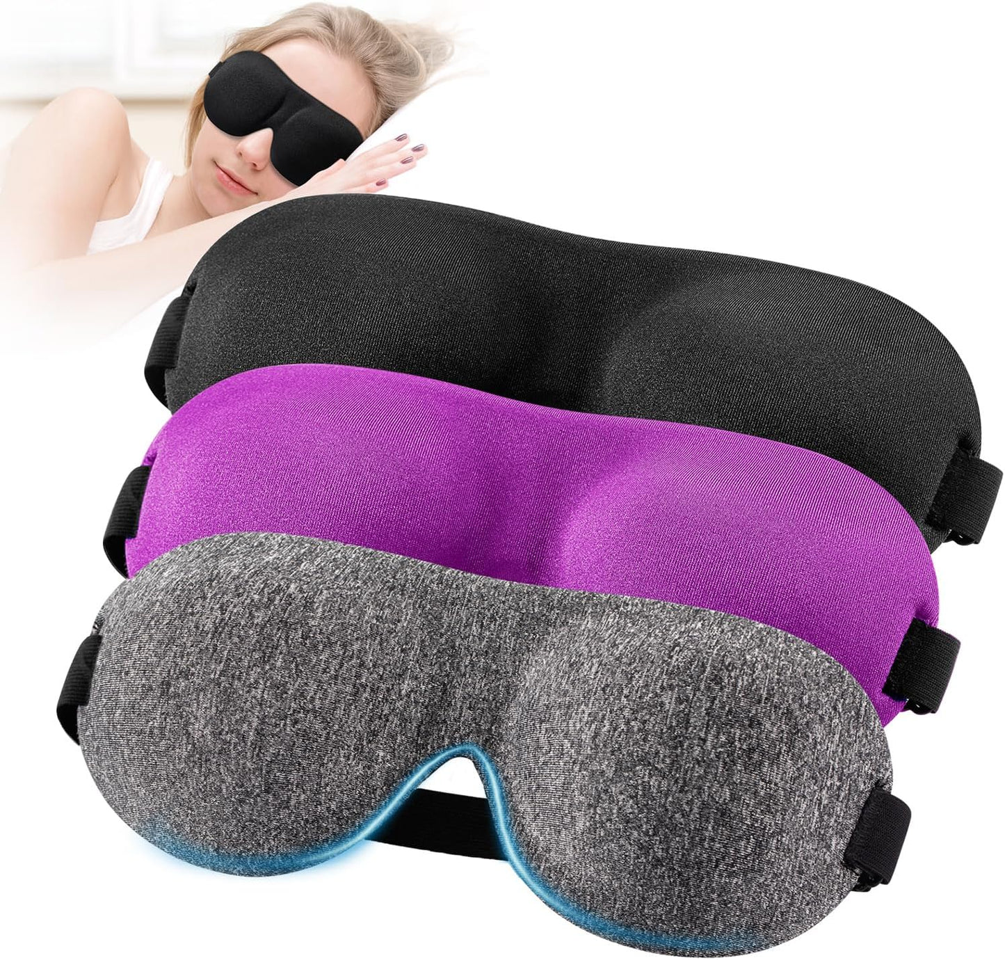 YIVIEW Sleep Mask for Back and Side Sleeper Pack of 3, 100% Light Blocking 3D Eye Masks for Sleeping, Lightweight & Breathable Eye Cover for Women Men, Zero Pressure Night Blindfold