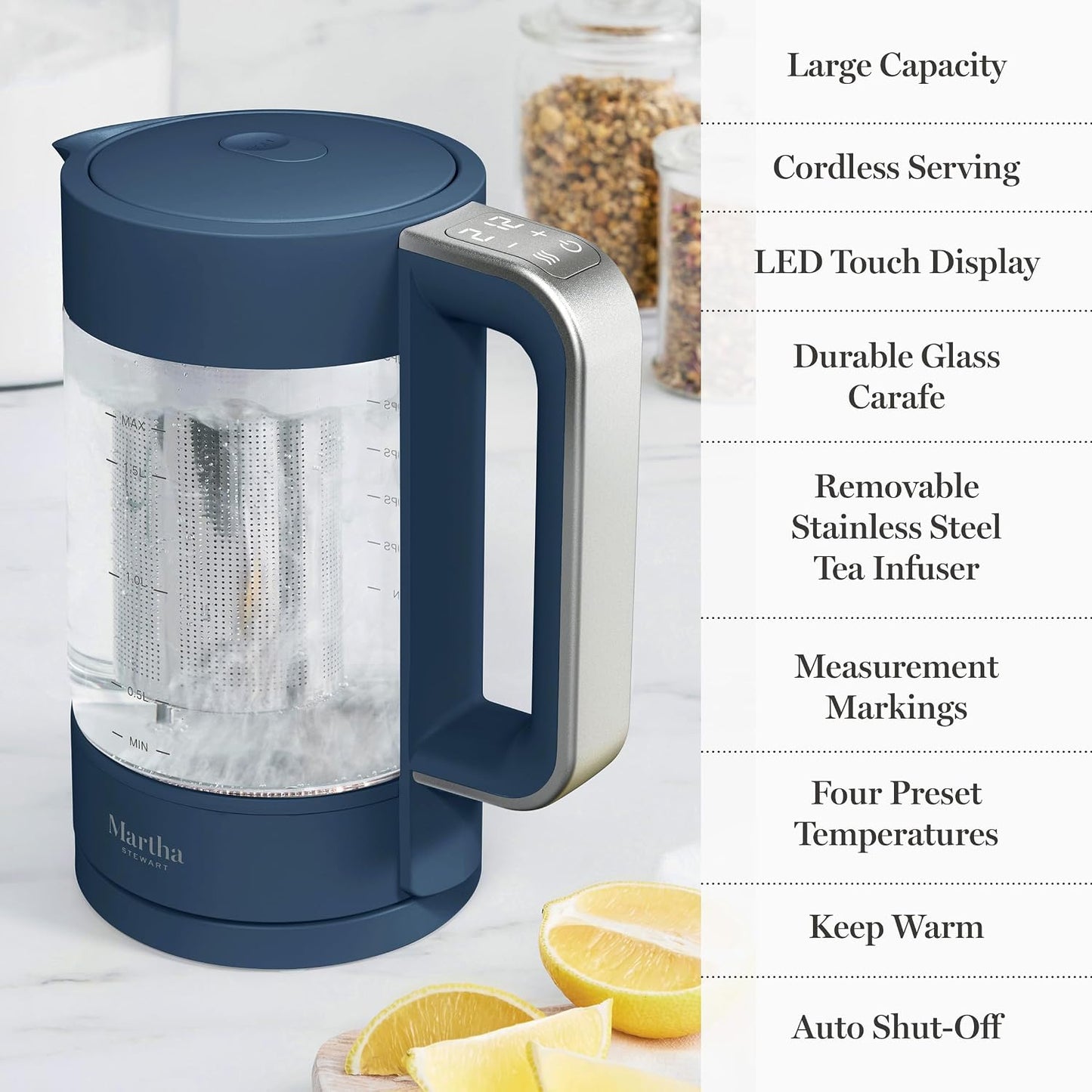 Martha Stewart Electric Kettle with Removable Stainless Steel Tea Infuser, Glass Carafe 1.7L (7 Cups), Hot Water Boiler, 4 Presets, Keep Warm & Auto Shut-Off, Cordless 360° Swivel Base, Honeydew Green
