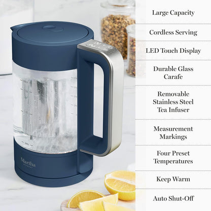 Martha Stewart Electric Kettle with Removable Stainless Steel Tea Infuser, Glass Carafe 1.7L (7 Cups), Hot Water Boiler, 4 Presets, Keep Warm & Auto Shut-Off, Cordless 360° Swivel Base, Honeydew Green