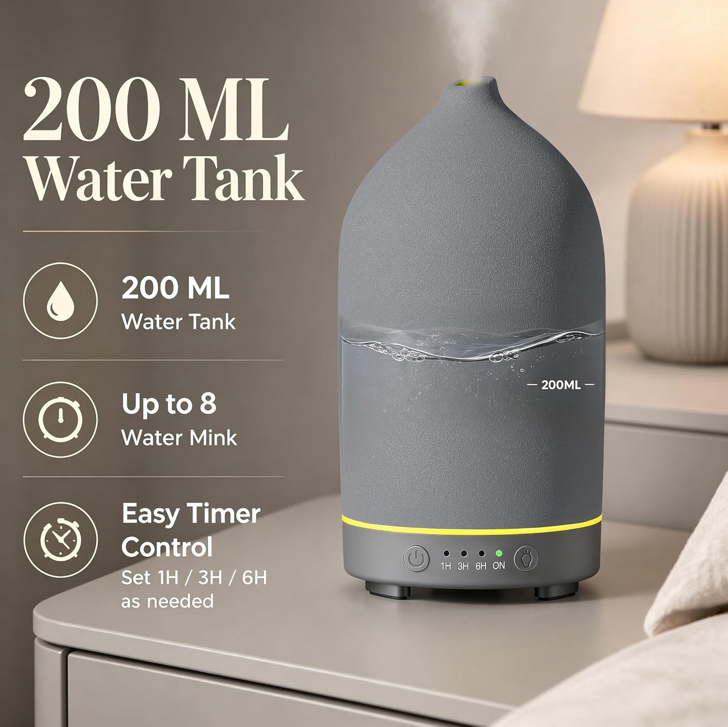 Gooamp 200ML Ceramic Essential Oil Diffuser for Home - Ultrasonic Aromatherapy Diffuser Humidifier with 7 Color LED Lights, Auto Shut-Off, 3 Timers for Bedroom, Office, Yoga, Black